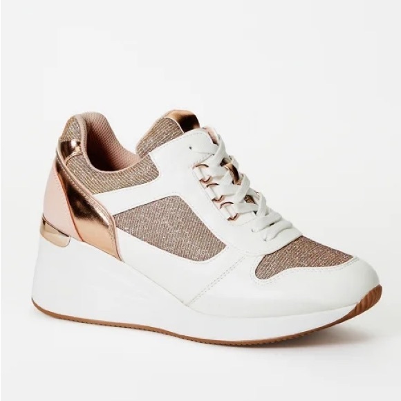 Shoe Dazzle Shoes - •Trinity• Stylish Women's White, Blush, & Rose Gold Wedge Sneakers